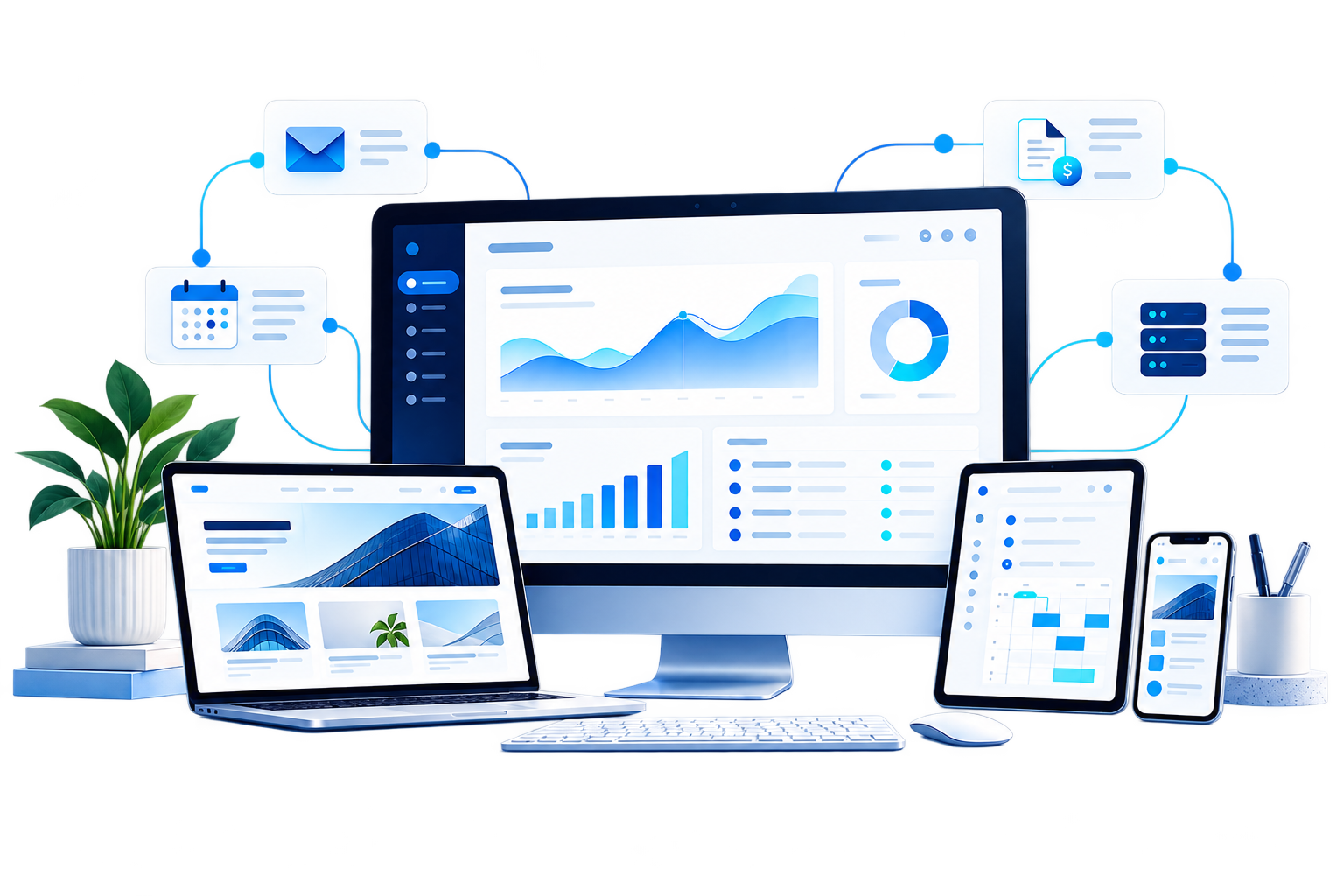 Illustration of a business owner at a laptop, connected to their website, email, payroll and cloud services