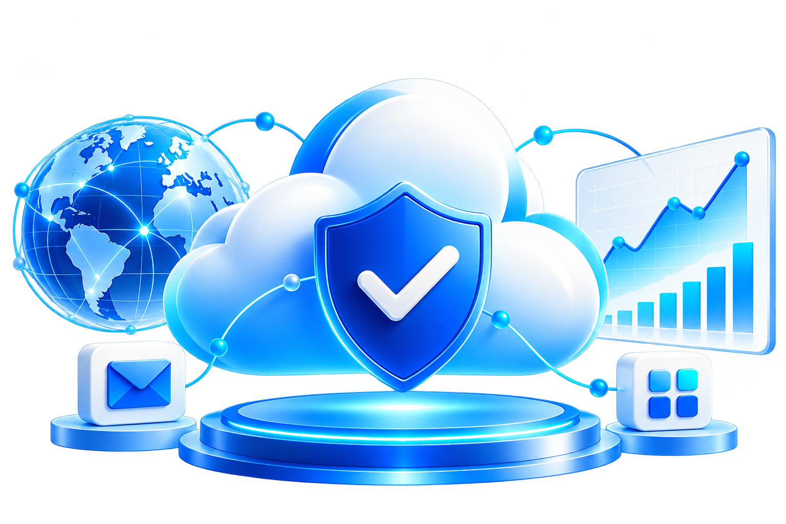 Illustration of a secure cloud with a shield, linked to a globe, email, apps and a growth chart