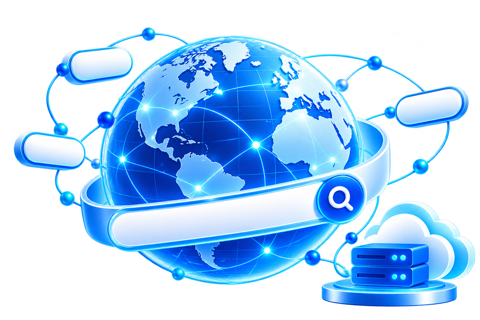 Illustration of a networked globe with domain tags, linked to a server and the cloud