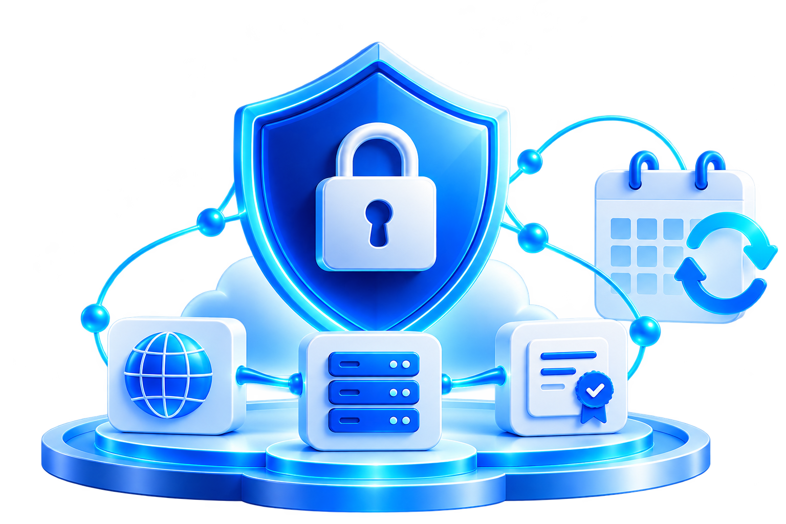 Illustration of a domain globe, a server and an SSL padlock joined on one platform