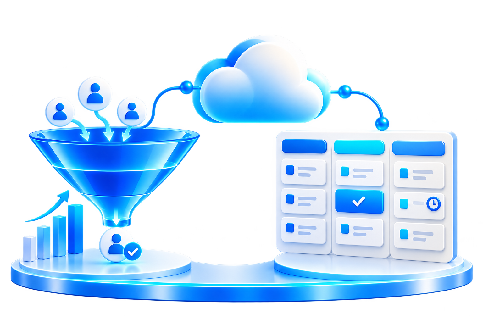 Illustration of a monitor, laptop and tablet showing the same synced office dashboard