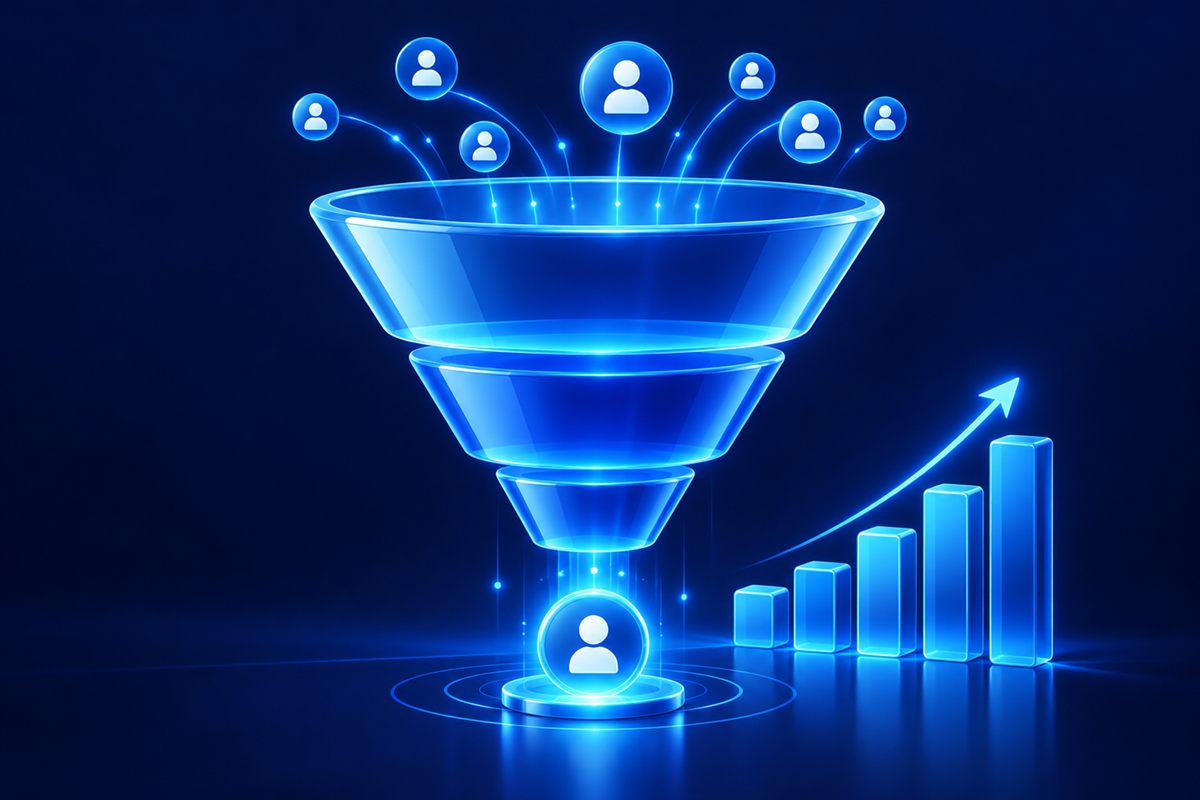 Illustration of a sale funnel turning new leads into customers, beside a rising bar chart