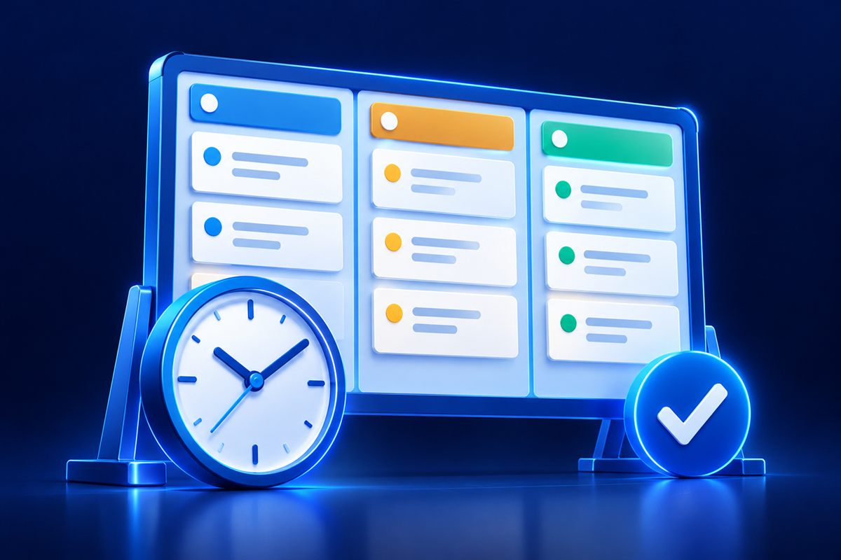 Illustration of a task board with three columns, a deadline calendar and a completed check mark