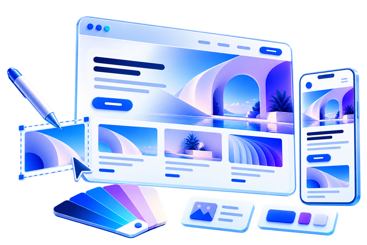 Illustration of one responsive website adapting to a desktop monitor, tablet and phone